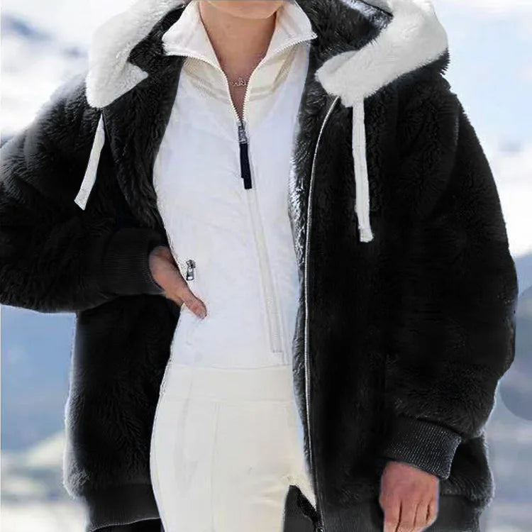 Autumn Winter Fashion Women's Coat New Casual Hooded Zipper Ladies Clothes Cashmere Women Fleece Jacket Solid Color Ladies Coats