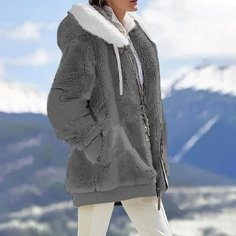 Autumn Winter Fashion Women's Coat New Casual Hooded Zipper Ladies Clothes Cashmere Women Fleece Jacket Solid Color Ladies Coats