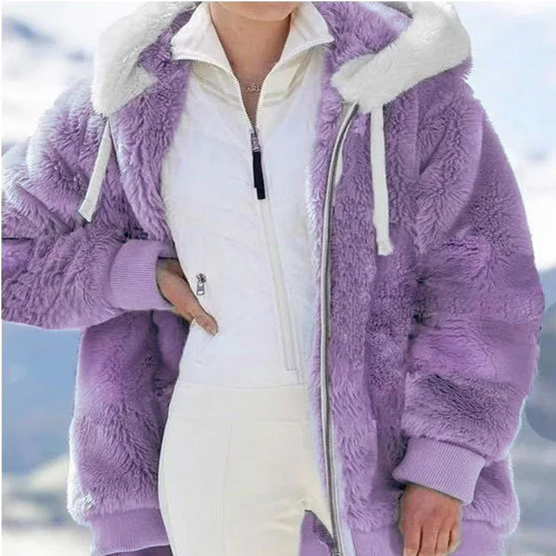 Autumn Winter Fashion Women's Coat New Casual Hooded Zipper Ladies Clothes Cashmere Women Fleece Jacket Solid Color Ladies Coats