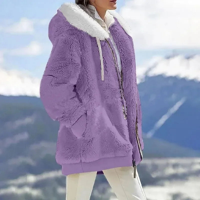 Autumn Winter Fashion Women's Coat New Casual Hooded Zipper Ladies Clothes Cashmere Women Fleece Jacket Solid Color Ladies Coats