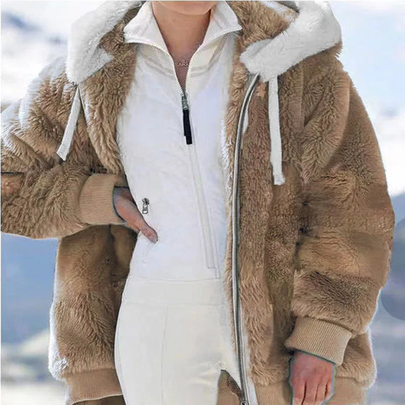Autumn Winter Fashion Women's Coat New Casual Hooded Zipper Ladies Clothes Cashmere Women Fleece Jacket Solid Color Ladies Coats