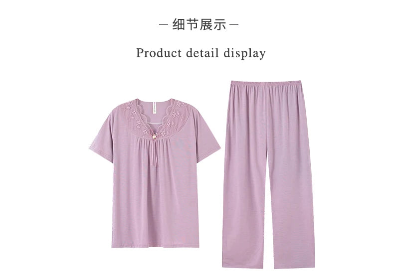 Women Pajama Sets Modal Cotton Pijamas Mujer Sleepwear Lady Short Sleeve Summer Nightwear Femme 2 Pieces Sets Lace Homewear XXXL