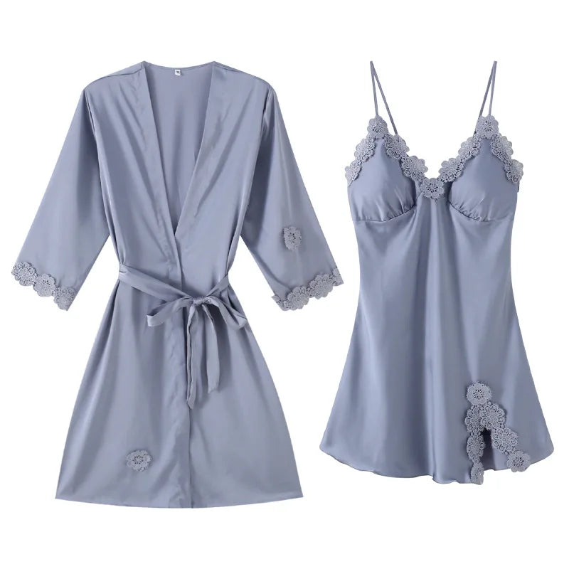 Women Pajamas 5/4/2/1 Pieces Satin Sleepwear Pijama Silk Home Wear Home Clothing Embroidery Sleep Lounge Pyjama with Chest Pads