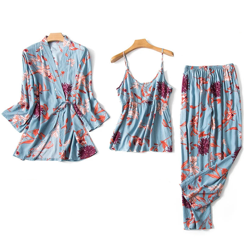 Women's Pajama Robe Set Sleepwear Suit Flower Printed Pijama Warm Home Clothing Nightwear Pyjama Women Sexy Lingerie 3 pieces