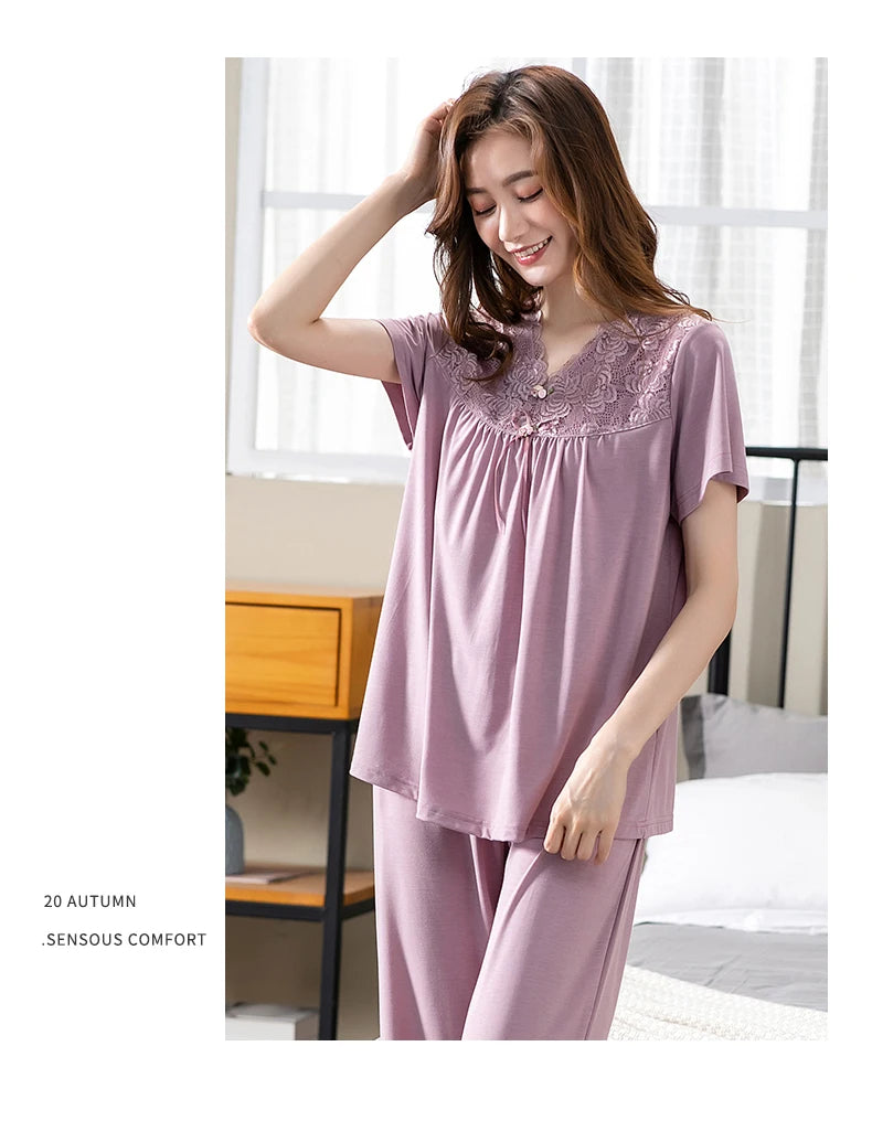 Women Pajama Sets Modal Cotton Pijamas Mujer Sleepwear Lady Short Sleeve Summer Nightwear Femme 2 Pieces Sets Lace Homewear XXXL