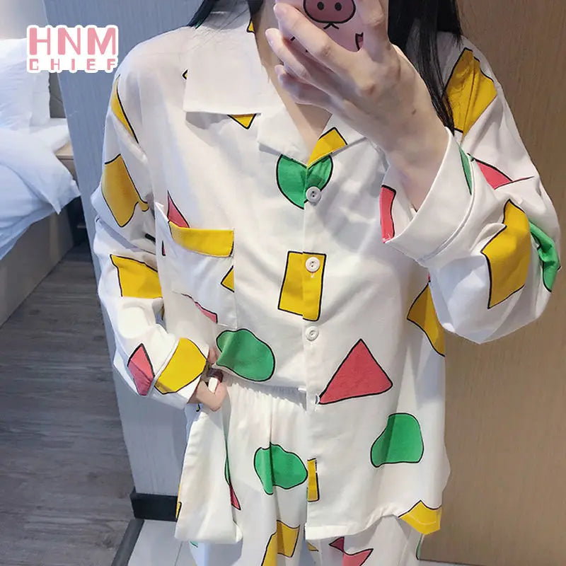 Pijama Schin Chan Pijamas Para Parejas 2-piece Set Home Causal V-neck Long Sleeve Nightgown Autumn Trousers Couple Pajama Sets
