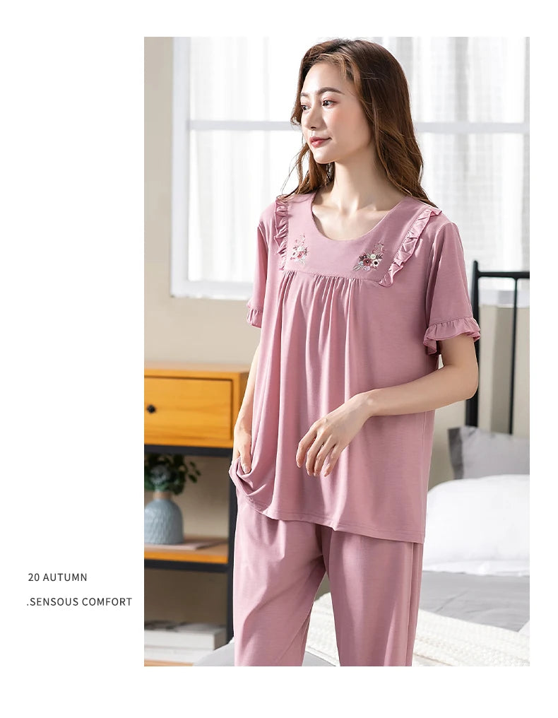 Women Pajama Sets Modal Cotton Pijamas Mujer Sleepwear Lady Short Sleeve Summer Nightwear Femme 2 Pieces Sets Lace Homewear XXXL