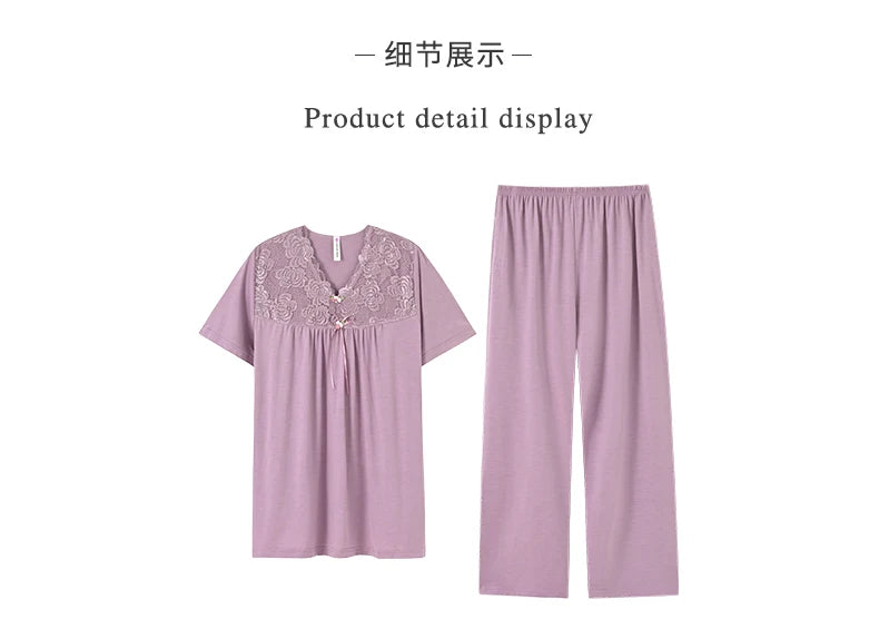 Women Pajama Sets Modal Cotton Pijamas Mujer Sleepwear Lady Short Sleeve Summer Nightwear Femme 2 Pieces Sets Lace Homewear XXXL