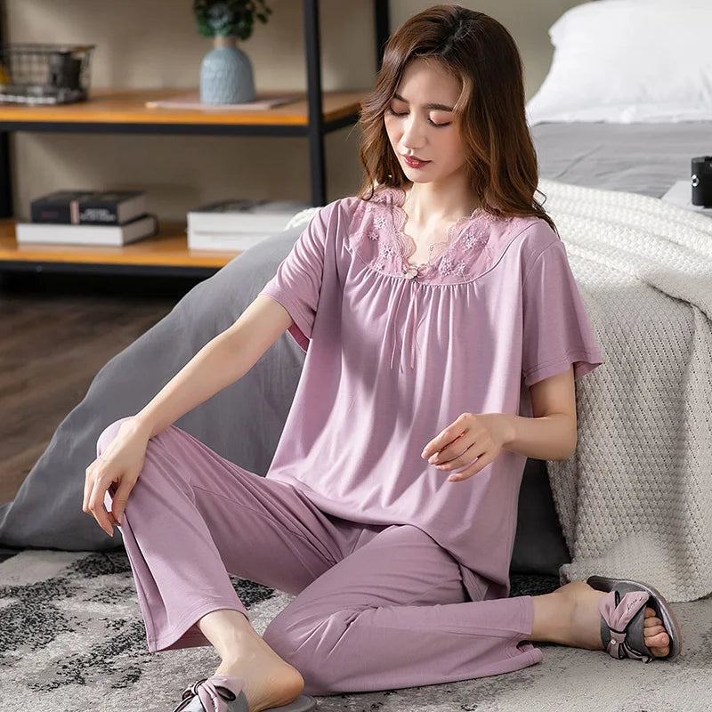Women Pajama Sets Modal Cotton Pijamas Mujer Sleepwear Lady Short Sleeve Summer Nightwear Femme 2 Pieces Sets Lace Homewear XXXL