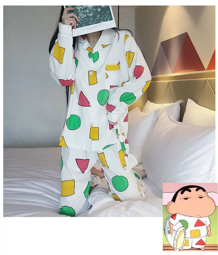 Pijama Schin Chan Pijamas Para Parejas 2-piece Set Home Causal V-neck Long Sleeve Nightgown Autumn Trousers Couple Pajama Sets