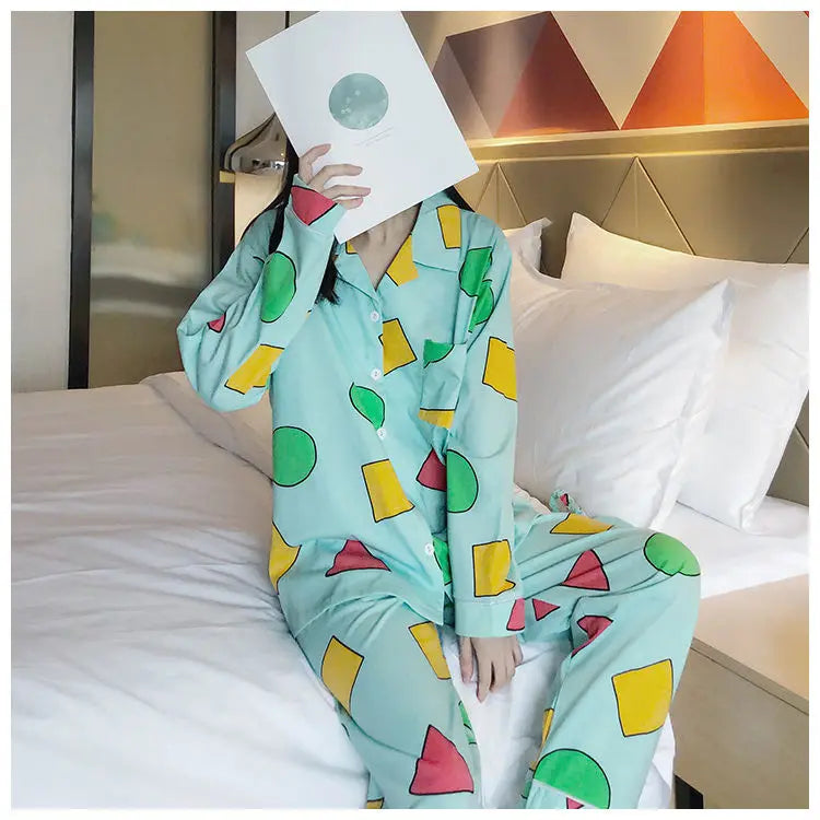 Pijama Schin Chan Pijamas Para Parejas 2-piece Set Home Causal V-neck Long Sleeve Nightgown Autumn Trousers Couple Pajama Sets