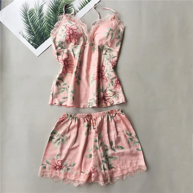 Daeyard Women's Pajamas Sexy Lingerie Silk Overall Print Cami And Shorts 2Pcs Pyjama Set Sleepwear Summer Pijama Nighty Homewear