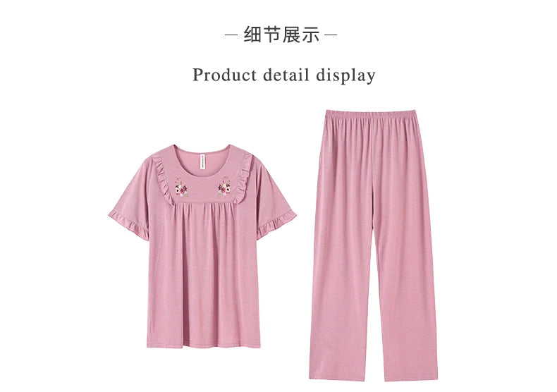 Women Pajama Sets Modal Cotton Pijamas Mujer Sleepwear Lady Short Sleeve Summer Nightwear Femme 2 Pieces Sets Lace Homewear XXXL