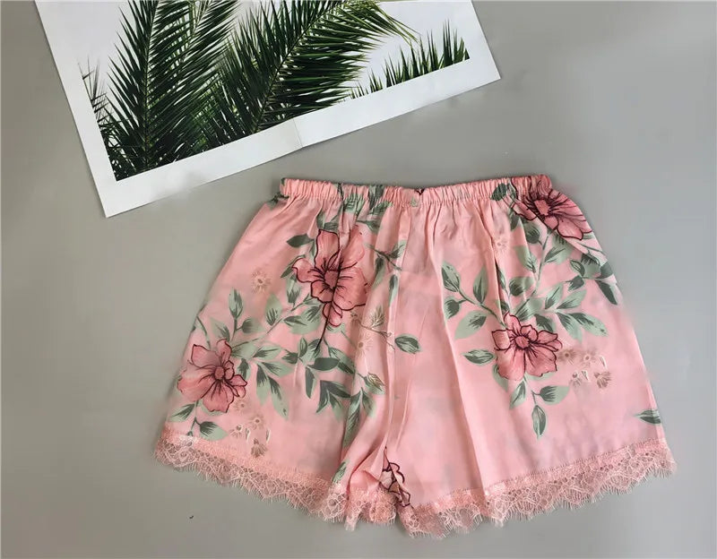 Daeyard Women's Pajamas Sexy Lingerie Silk Overall Print Cami And Shorts 2Pcs Pyjama Set Sleepwear Summer Pijama Nighty Homewear