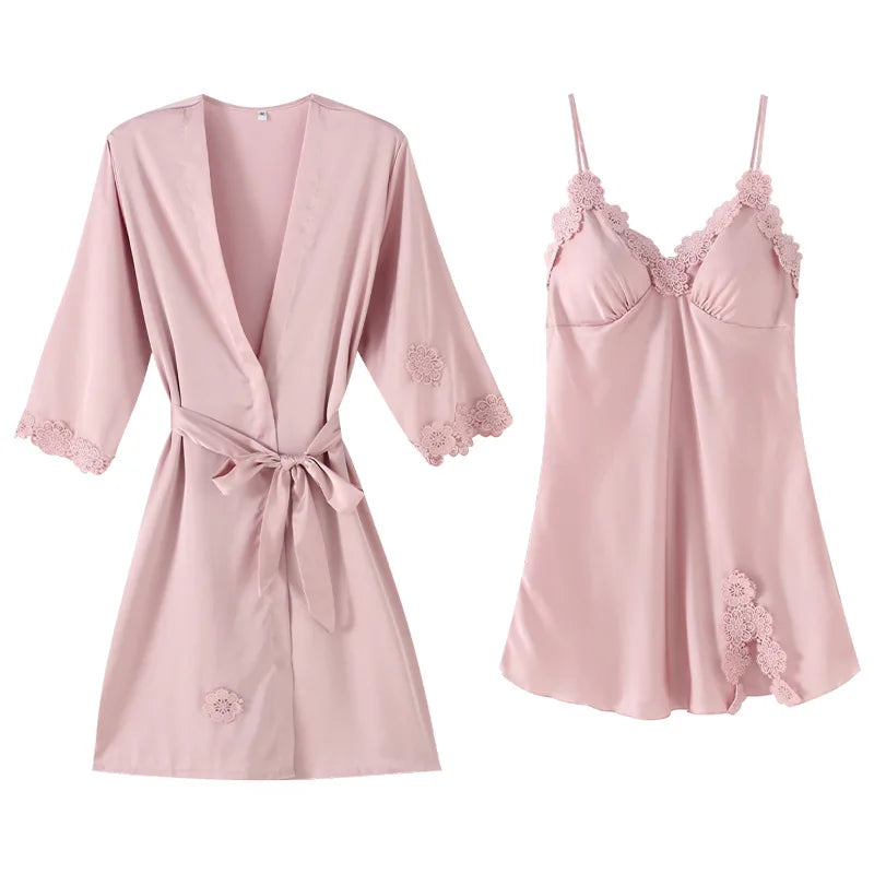 Women Pajamas 5/4/2/1 Pieces Satin Sleepwear Pijama Silk Home Wear Home Clothing Embroidery Sleep Lounge Pyjama with Chest Pads