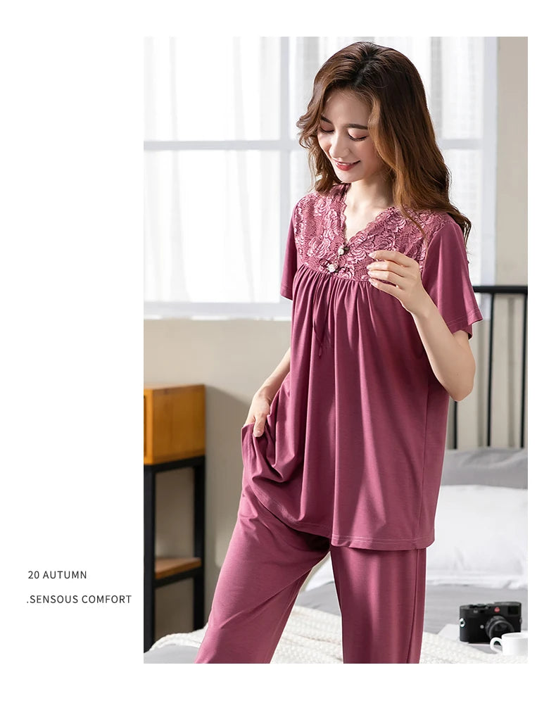 Women Pajama Sets Modal Cotton Pijamas Mujer Sleepwear Lady Short Sleeve Summer Nightwear Femme 2 Pieces Sets Lace Homewear XXXL