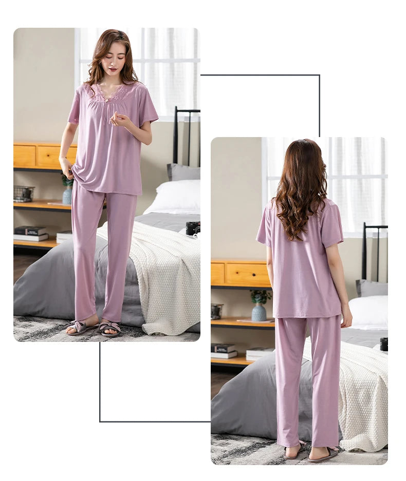 Women Pajama Sets Modal Cotton Pijamas Mujer Sleepwear Lady Short Sleeve Summer Nightwear Femme 2 Pieces Sets Lace Homewear XXXL
