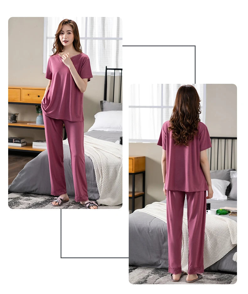 Women Pajama Sets Modal Cotton Pijamas Mujer Sleepwear Lady Short Sleeve Summer Nightwear Femme 2 Pieces Sets Lace Homewear XXXL