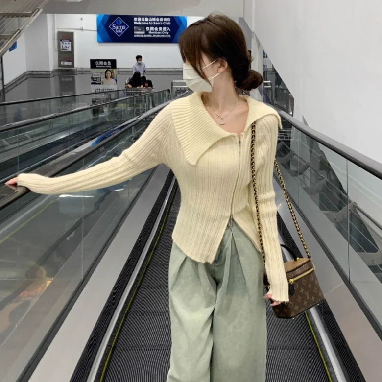 Spring New Arrival Fashion Lady Wide Collar Zip Slim Fit Tight Jumper