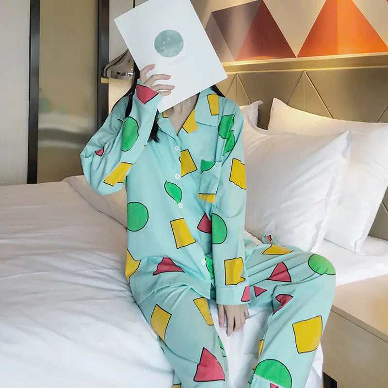 Pijama Schin Chan Pijamas Para Parejas 2-piece Set Home Causal V-neck Long Sleeve Nightgown Autumn Trousers Couple Pajama Sets