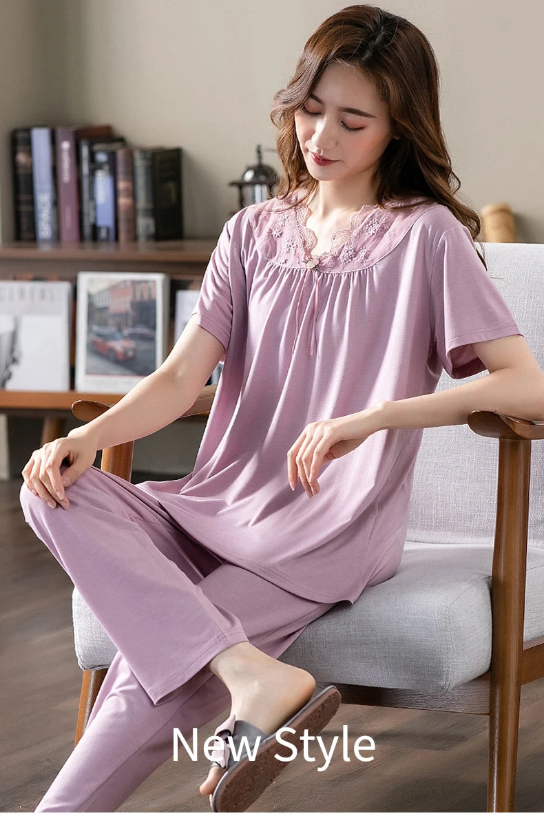 Women Pajama Sets Modal Cotton Pijamas Mujer Sleepwear Lady Short Sleeve Summer Nightwear Femme 2 Pieces Sets Lace Homewear XXXL