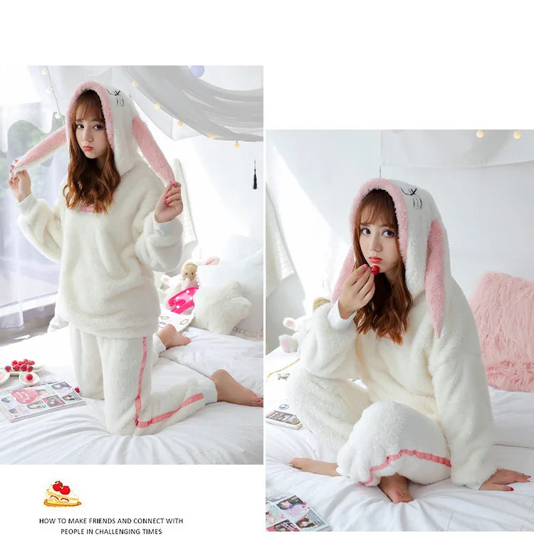 Jielur Winter Women Pajama Sets Lady Long Sleeve Shirt+Pants Solid Color Home suit Warm Hooded Cartoon Thick Pijama Feminino