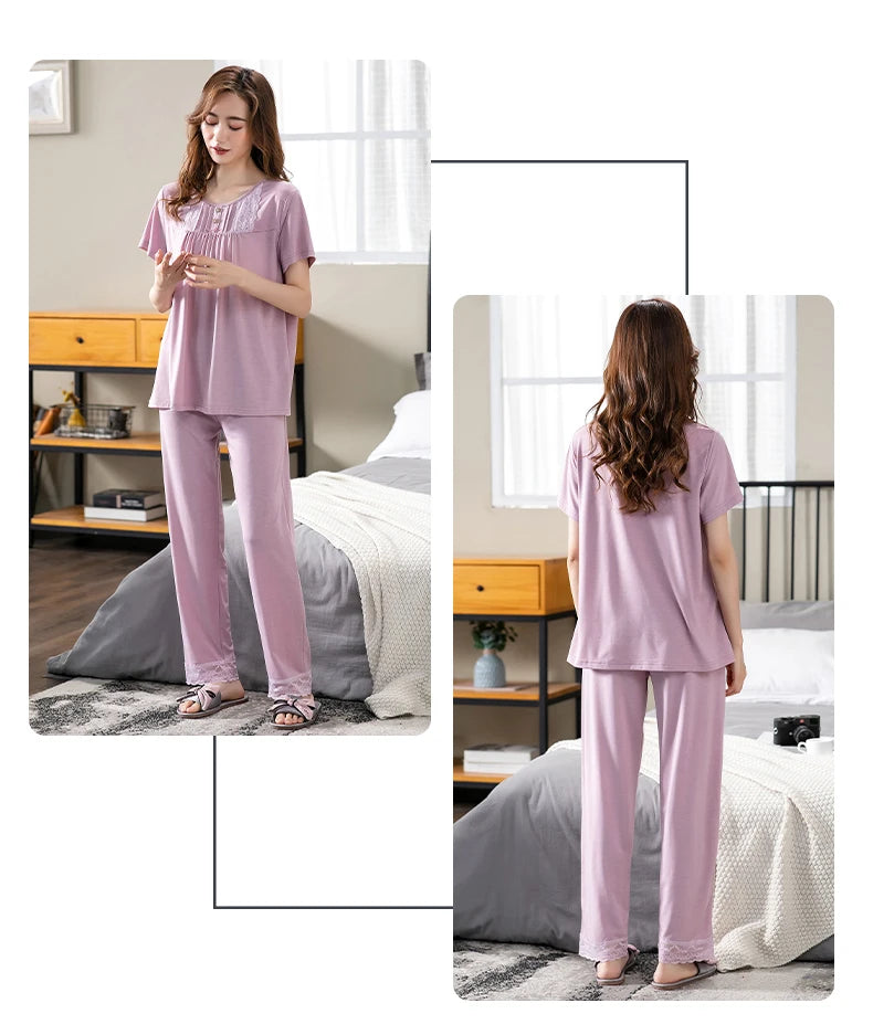 Women Pajama Sets Modal Cotton Pijamas Mujer Sleepwear Lady Short Sleeve Summer Nightwear Femme 2 Pieces Sets Lace Homewear XXXL