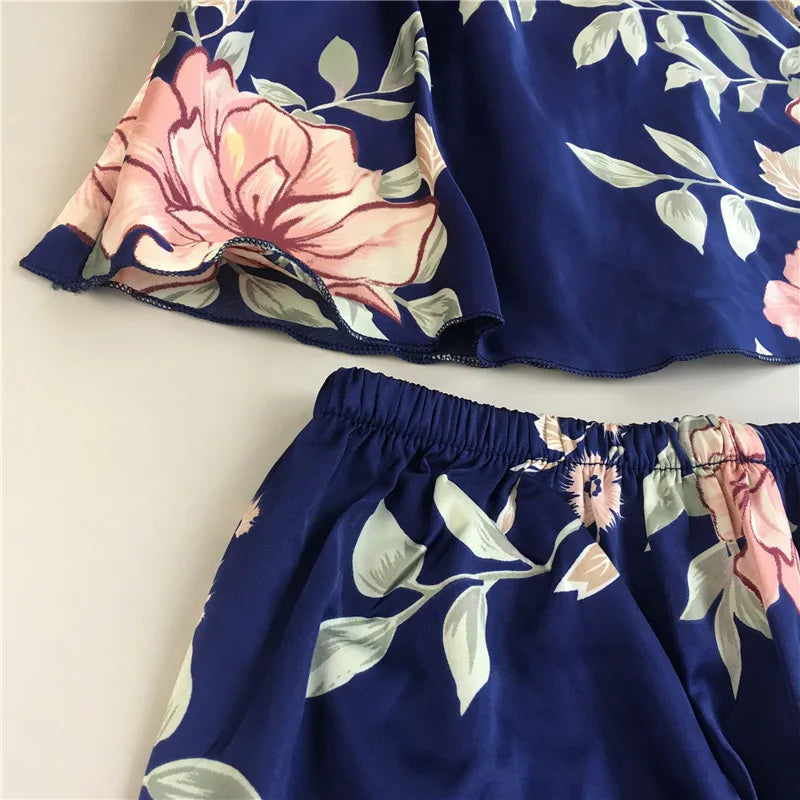 Daeyard Women's Pajamas Sexy Lingerie Silk Overall Print Cami And Shorts 2Pcs Pyjama Set Sleepwear Summer Pijama Nighty Homewear