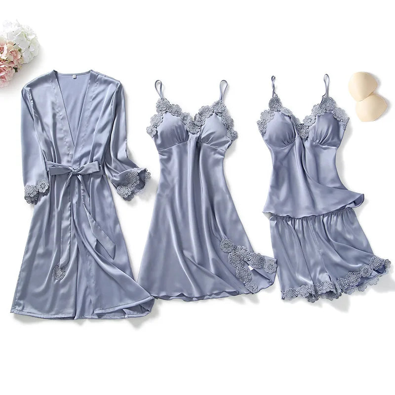 Women Pajamas 5/4/2/1 Pieces Satin Sleepwear Pijama Silk Home Wear Home Clothing Embroidery Sleep Lounge Pyjama with Chest Pads