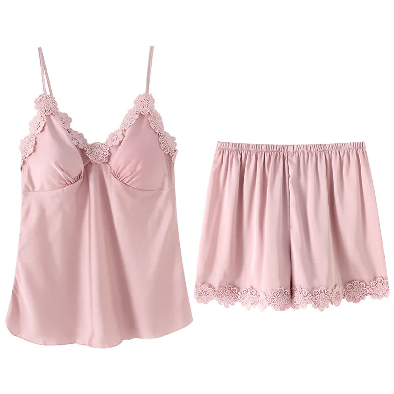 Women Pajamas 5/4/2/1 Pieces Satin Sleepwear Pijama Silk Home Wear Home Clothing Embroidery Sleep Lounge Pyjama with Chest Pads