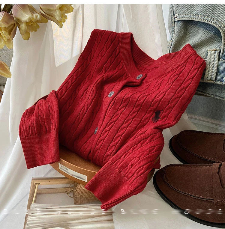 New Autumn Winter Solid Color O-Neck Twist Cable Cardigan Sweater Tops Women's Clothing
