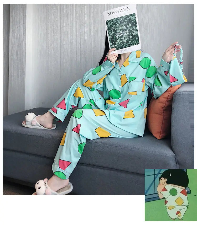 Pijama Schin Chan Pijamas Para Parejas 2-piece Set Home Causal V-neck Long Sleeve Nightgown Autumn Trousers Couple Pajama Sets