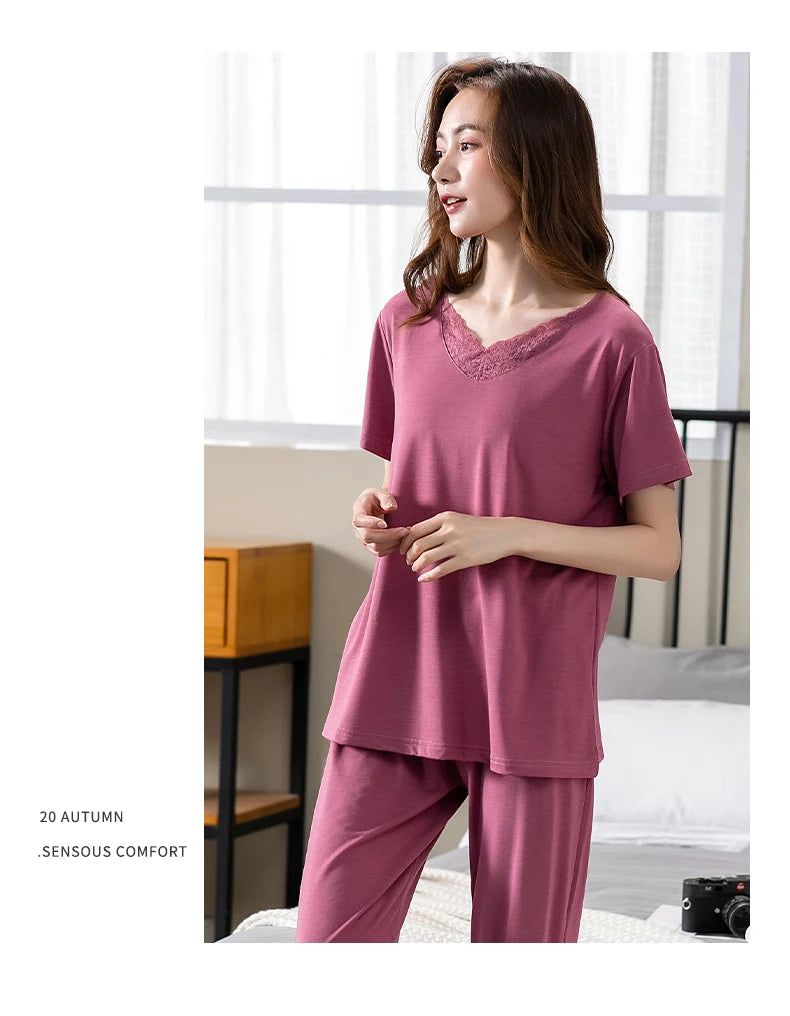 Women Pajama Sets Modal Cotton Pijamas Mujer Sleepwear Lady Short Sleeve Summer Nightwear Femme 2 Pieces Sets Lace Homewear XXXL