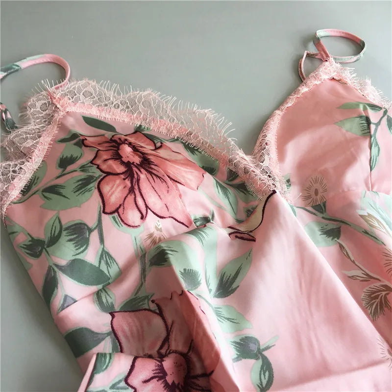 Daeyard Women's Pajamas Sexy Lingerie Silk Overall Print Cami And Shorts 2Pcs Pyjama Set Sleepwear Summer Pijama Nighty Homewear