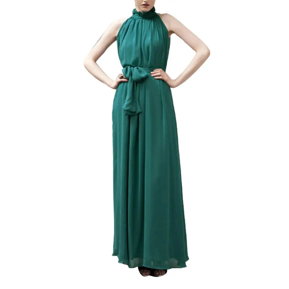 Bohemian Loose Long Dresses Women Summer Autumn Evening Party Solid Color Ruffled Collar Sleeveless Maxi Dress with Belt