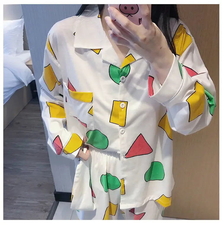 Pijama Schin Chan Pijamas Para Parejas 2-piece Set Home Causal V-neck Long Sleeve Nightgown Autumn Trousers Couple Pajama Sets