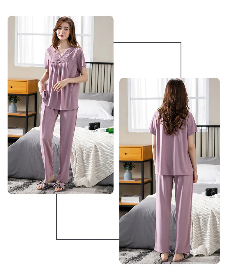 Women Pajama Sets Modal Cotton Pijamas Mujer Sleepwear Lady Short Sleeve Summer Nightwear Femme 2 Pieces Sets Lace Homewear XXXL