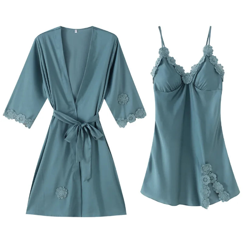 Women Pajamas 5/4/2/1 Pieces Satin Sleepwear Pijama Silk Home Wear Home Clothing Embroidery Sleep Lounge Pyjama with Chest Pads