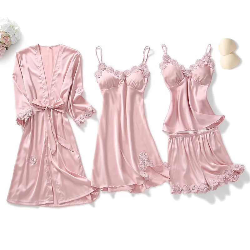 Women Pajamas 5/4/2/1 Pieces Satin Sleepwear Pijama Silk Home Wear Home Clothing Embroidery Sleep Lounge Pyjama with Chest Pads