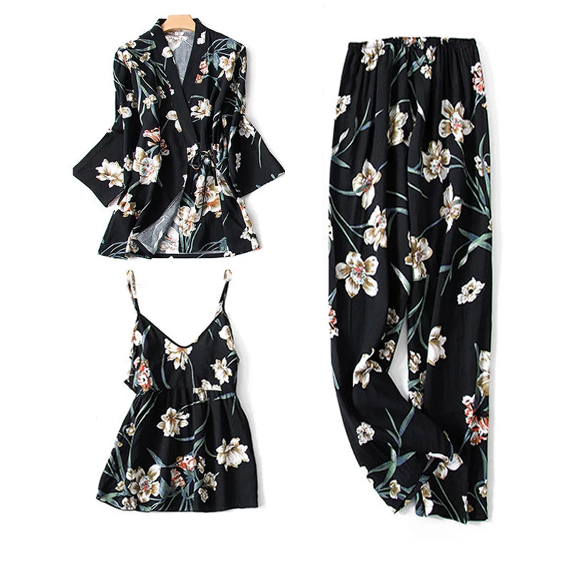 Women's Pajama Robe Set Sleepwear Suit Flower Printed Pijama Warm Home Clothing Nightwear Pyjama Women Sexy Lingerie 3 pieces