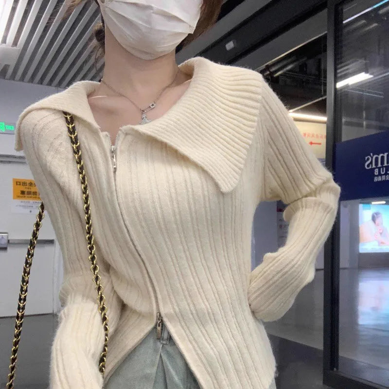 Spring New Arrival Fashion Lady Wide Collar Zip Slim Fit Tight Jumper