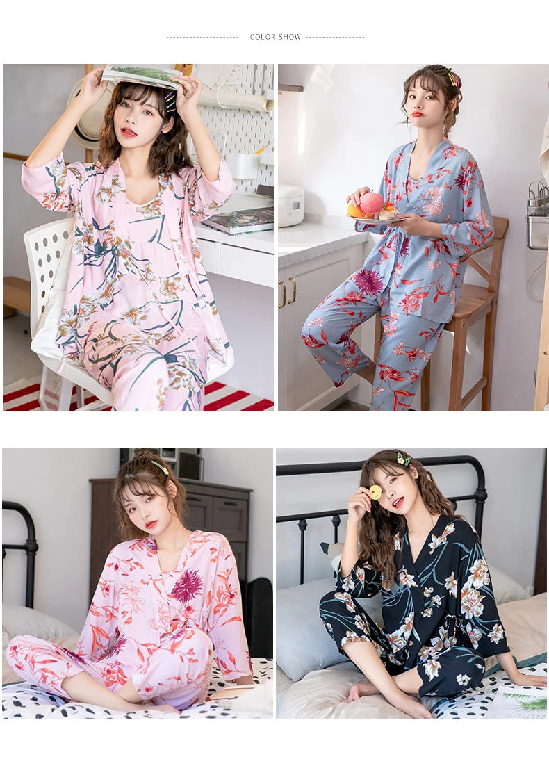 Women's Pajama Robe Set Sleepwear Suit Flower Printed Pijama Warm Home Clothing Nightwear Pyjama Women Sexy Lingerie 3 pieces