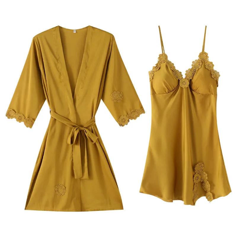 Women Pajamas 5/4/2/1 Pieces Satin Sleepwear Pijama Silk Home Wear Home Clothing Embroidery Sleep Lounge Pyjama with Chest Pads