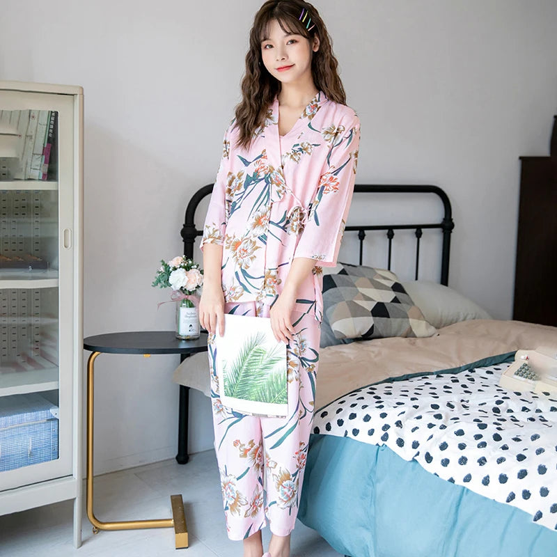 Women's Pajama Robe Set Sleepwear Suit Flower Printed Pijama Warm Home Clothing Nightwear Pyjama Women Sexy Lingerie 3 pieces