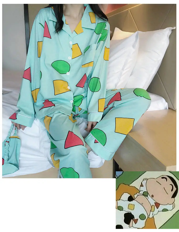 Pijama Schin Chan Pijamas Para Parejas 2-piece Set Home Causal V-neck Long Sleeve Nightgown Autumn Trousers Couple Pajama Sets