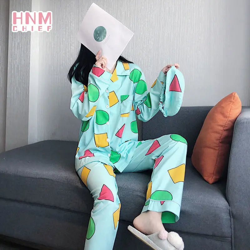 Pijama Schin Chan Pijamas Para Parejas 2-piece Set Home Causal V-neck Long Sleeve Nightgown Autumn Trousers Couple Pajama Sets