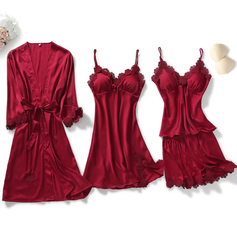 Women Pajamas 5/4/2/1 Pieces Satin Sleepwear Pijama Silk Home Wear Home Clothing Embroidery Sleep Lounge Pyjama with Chest Pads