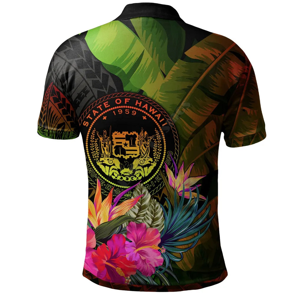 Polynesian Hawaii Polo Shirts Humpback Whale with Tropical Flowers 3D Printed Polo Shirt Men Women Short Sleeve Summer T-shirt