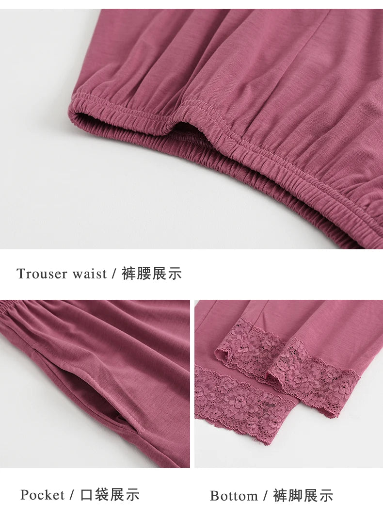 Women Pajama Sets Modal Cotton Pijamas Mujer Sleepwear Lady Short Sleeve Summer Nightwear Femme 2 Pieces Sets Lace Homewear XXXL