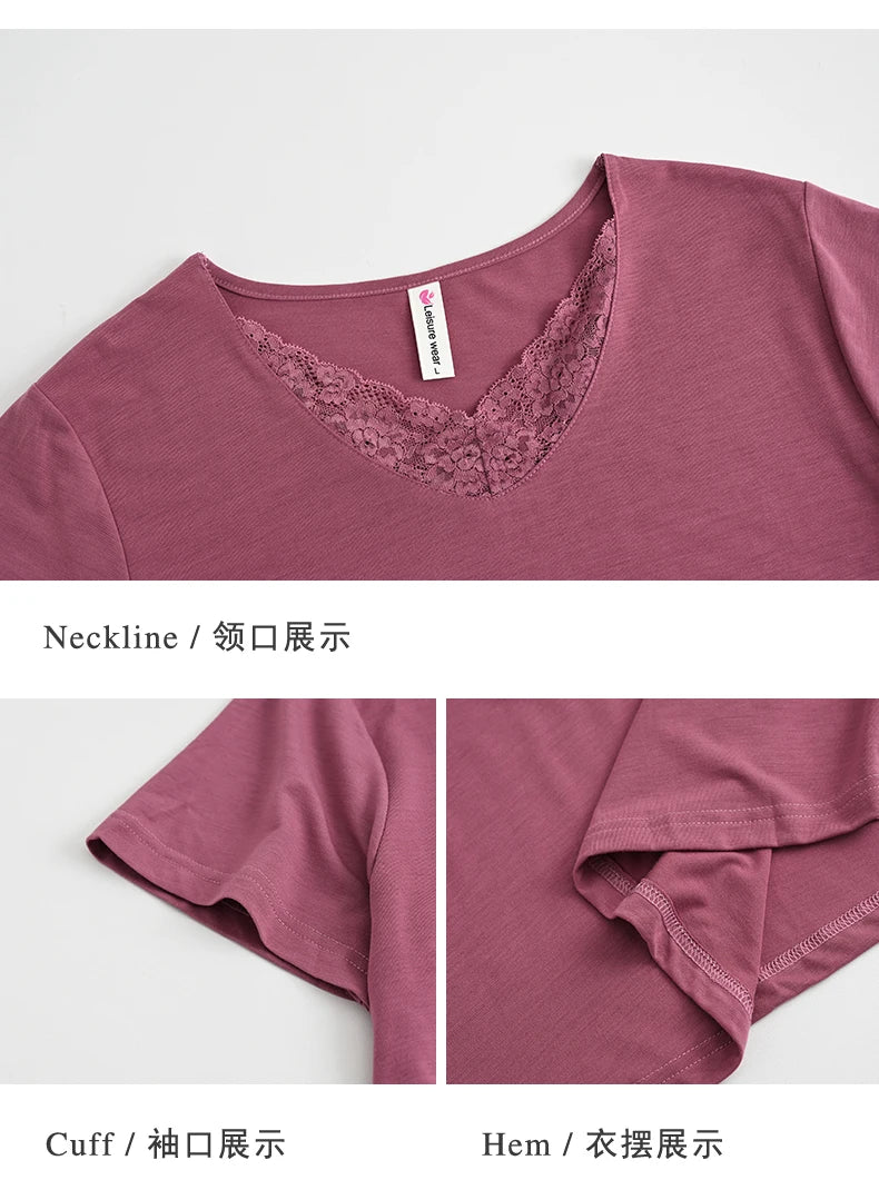 Women Pajama Sets Modal Cotton Pijamas Mujer Sleepwear Lady Short Sleeve Summer Nightwear Femme 2 Pieces Sets Lace Homewear XXXL